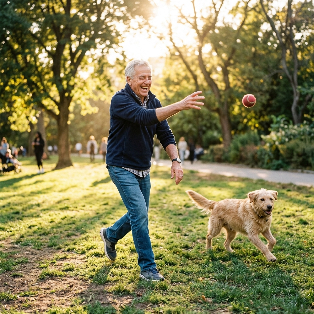 Active senior man playing with dog in park