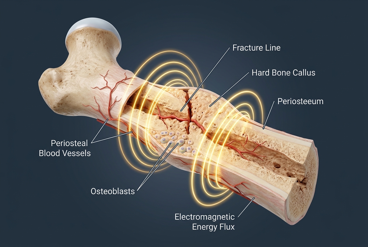 3D medical diagram of a fractured bone showing 3.0 Tesla electromagnetic energy flux lines stimulating osteoblasts, capillary angiogenesis, and hard callus bridging