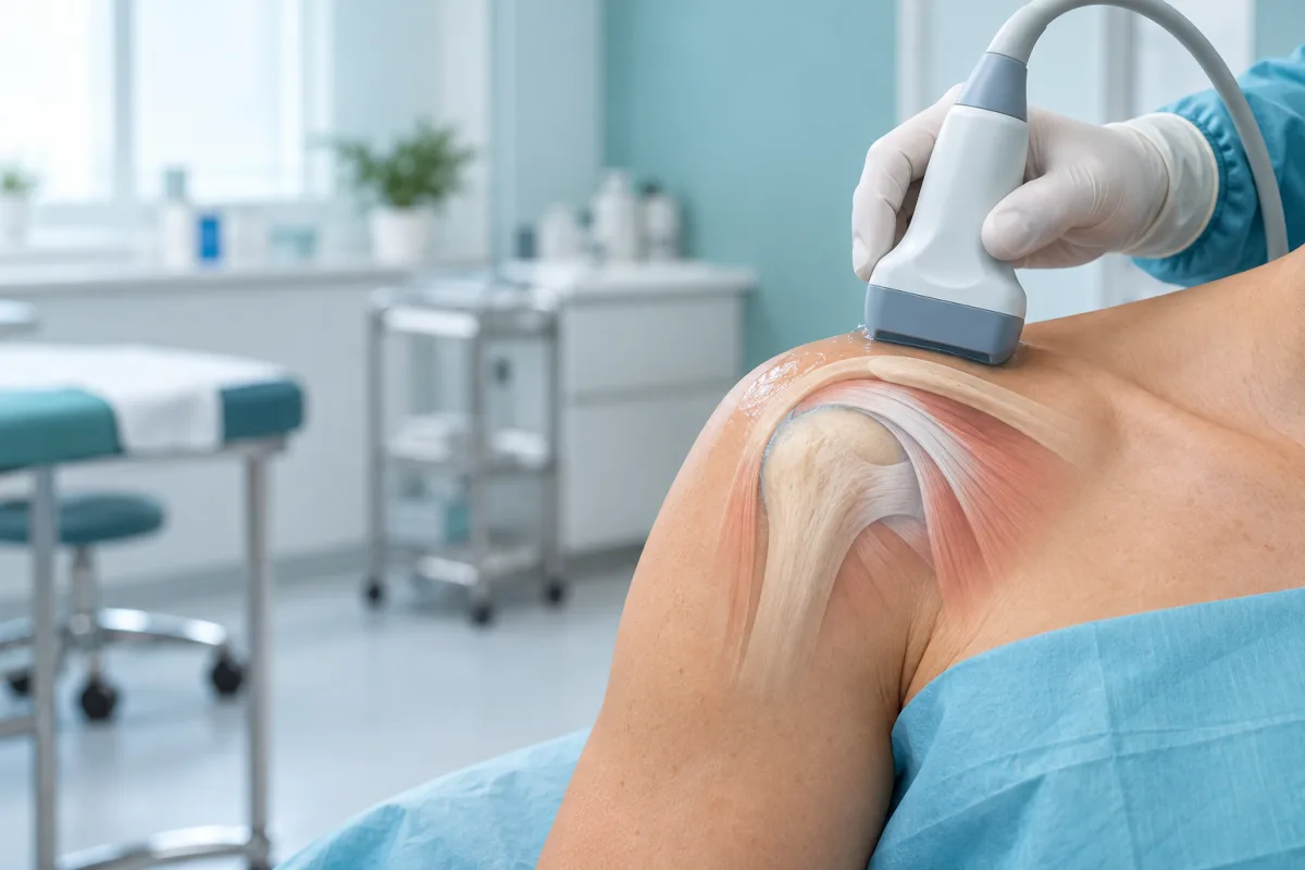 Illustrated ultrasound-guided shoulder procedure focused on the rotator cuff region