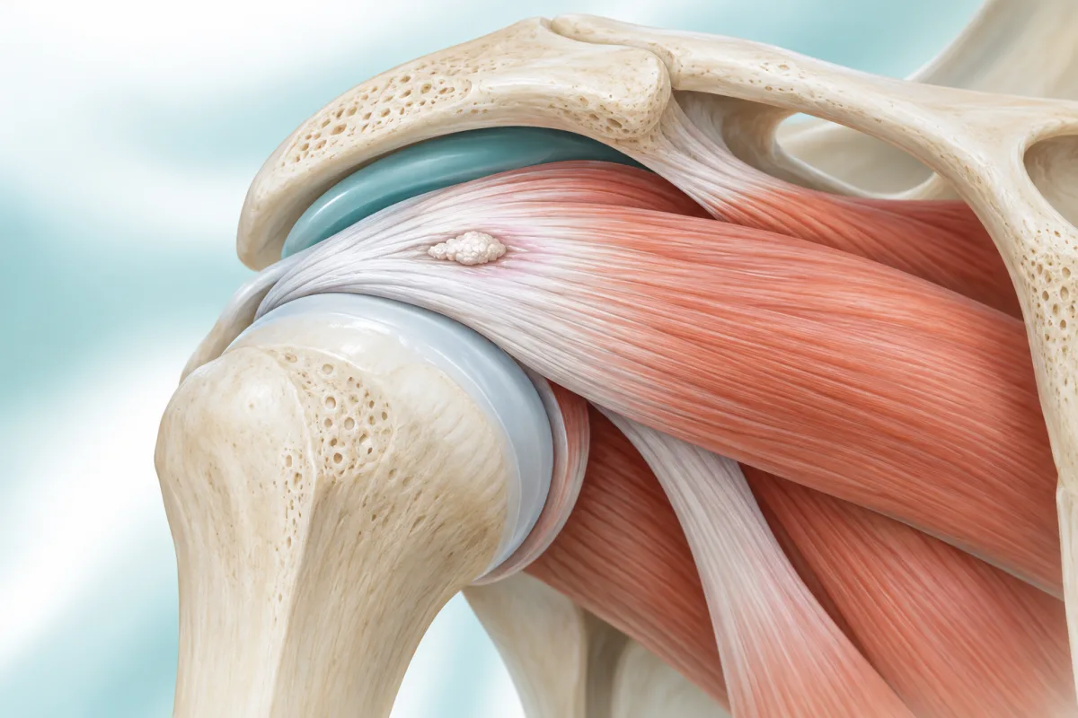 Medical illustration of a shoulder tendon with a small calcific deposit beneath an ultrasound probe