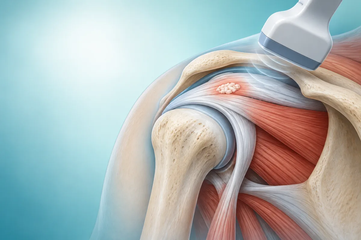 Ultrasound probe over an illustrated shoulder showing the rotator cuff region