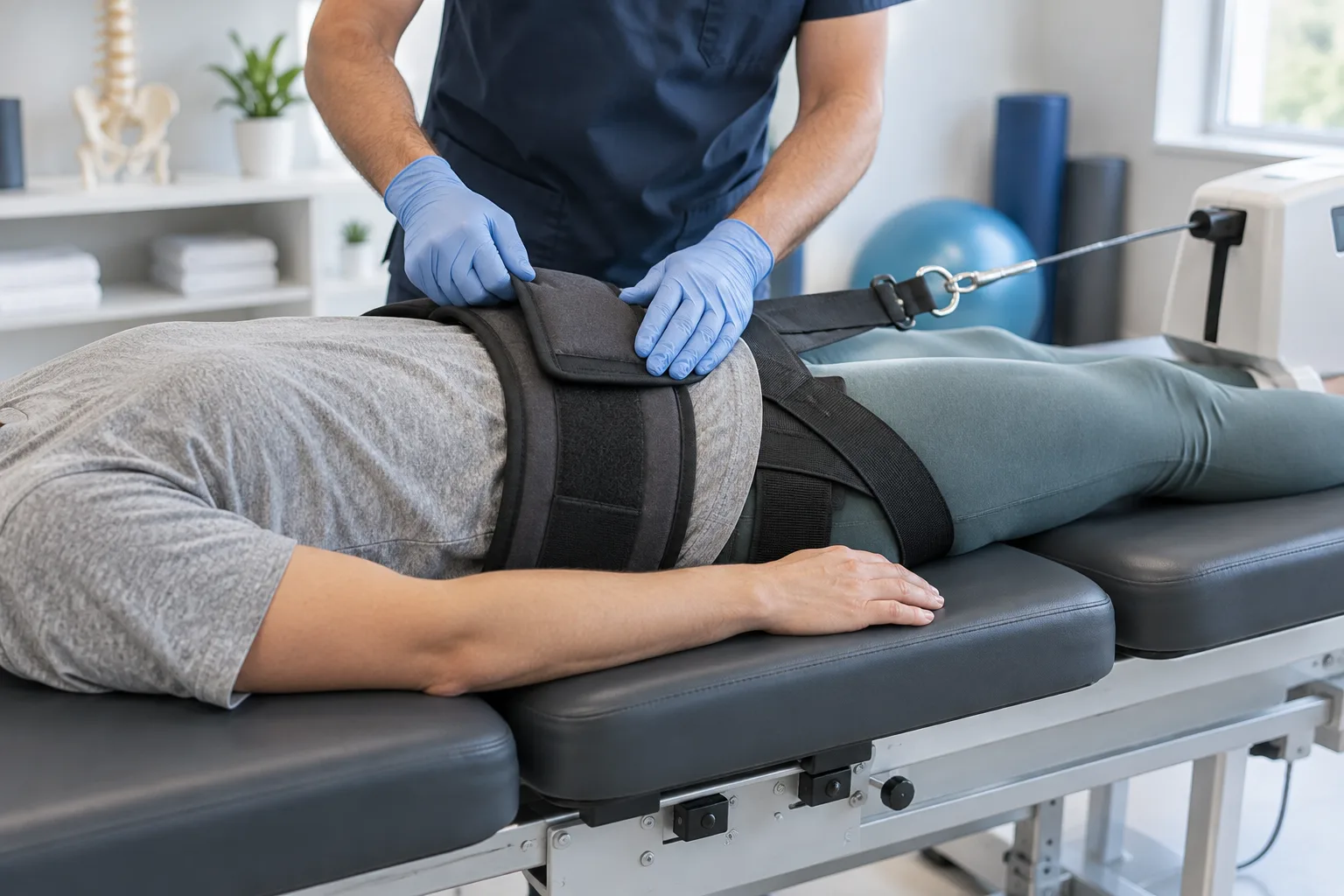 Gloved hands position a padded lumbar traction harness on a patient's torso beside a treatment table; face outside frame