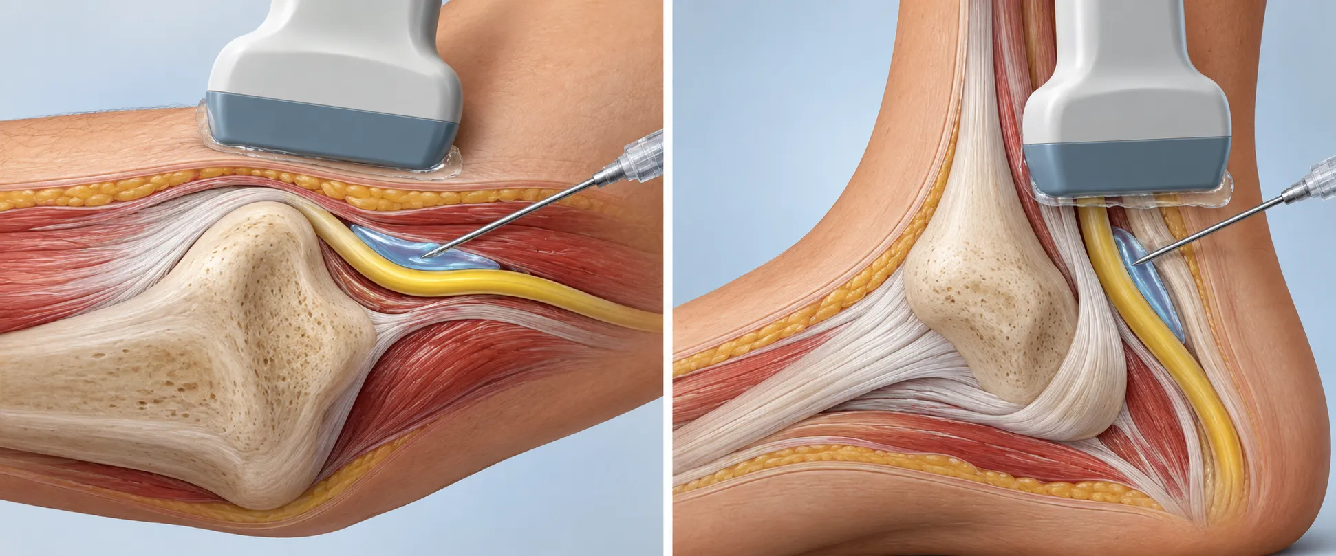 Educational illustration of the elbow and ankle regions associated with cubital and tarsal tunnel syndrome