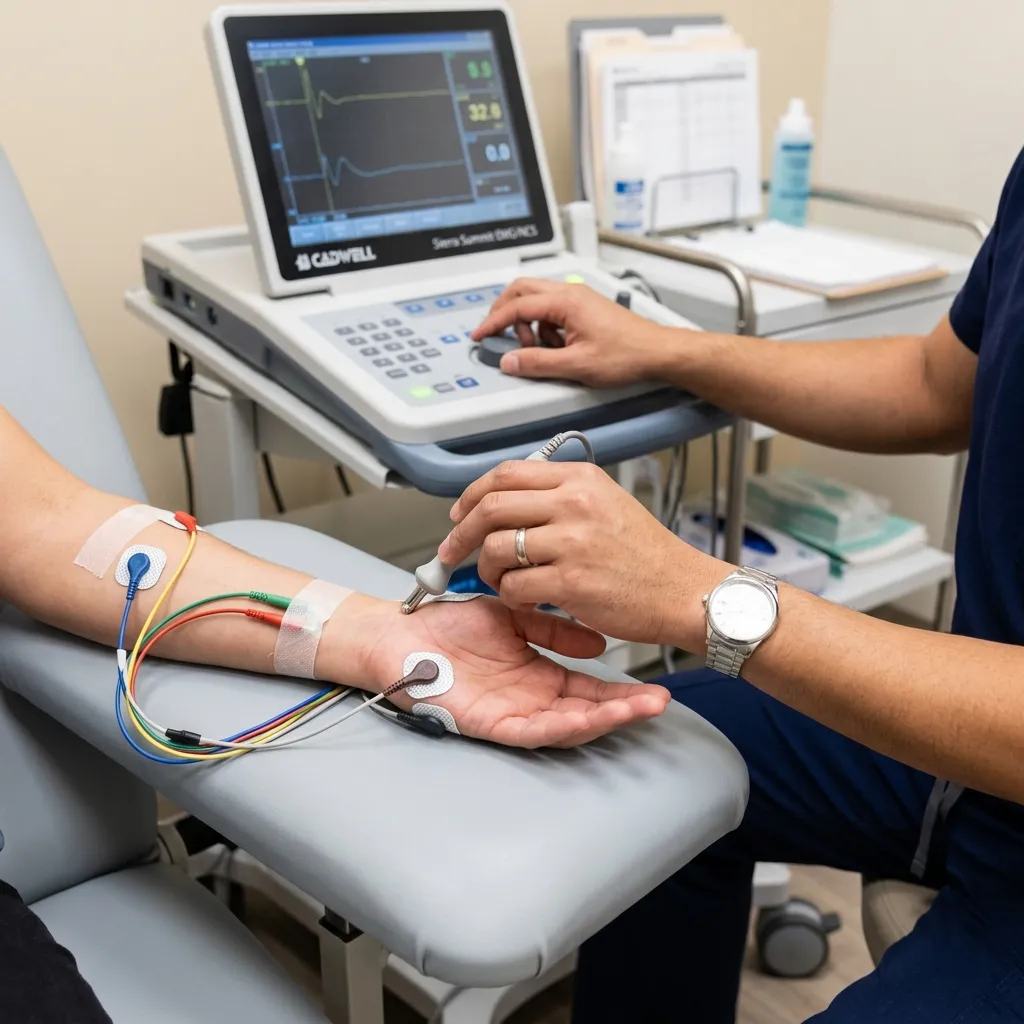 Editorial illustration showing a glowing ulnar nerve in the elbow and tibial nerve in the ankle being released by a gentle wave of healing water