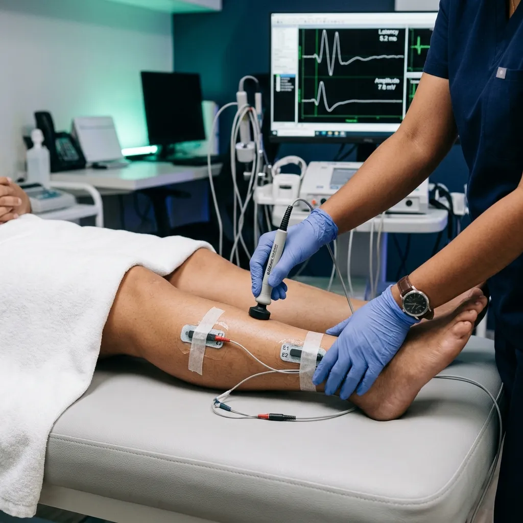 Electrodes placed on the calf and lower leg during an EMG-NCV study for peroneal nerve injury and foot drop