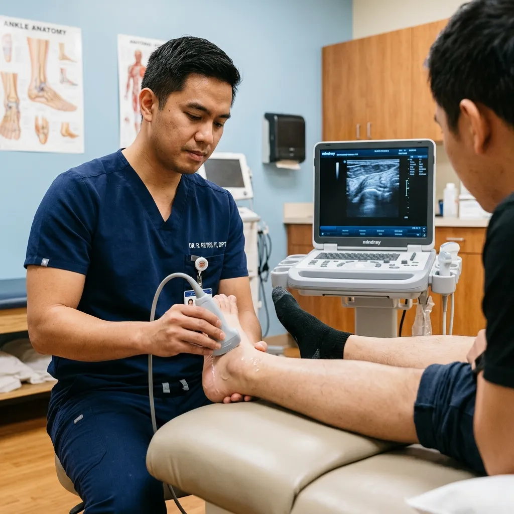 Clinician using ultrasound to assess the foot and ankle soft tissues