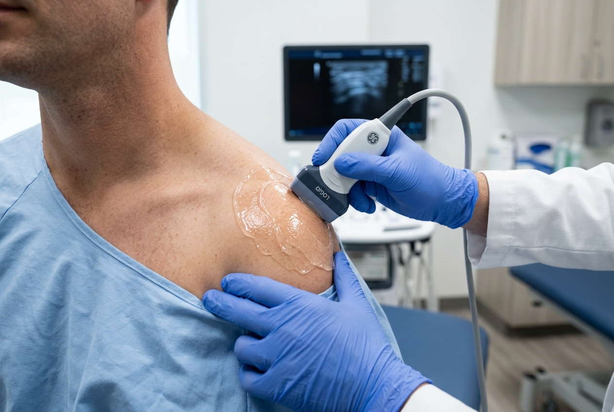 Musculoskeletal ultrasound transducer probe examining the coracohumeral ligament and anterior joint capsule of a shoulder with acoustic gel in a physiatry clinic
