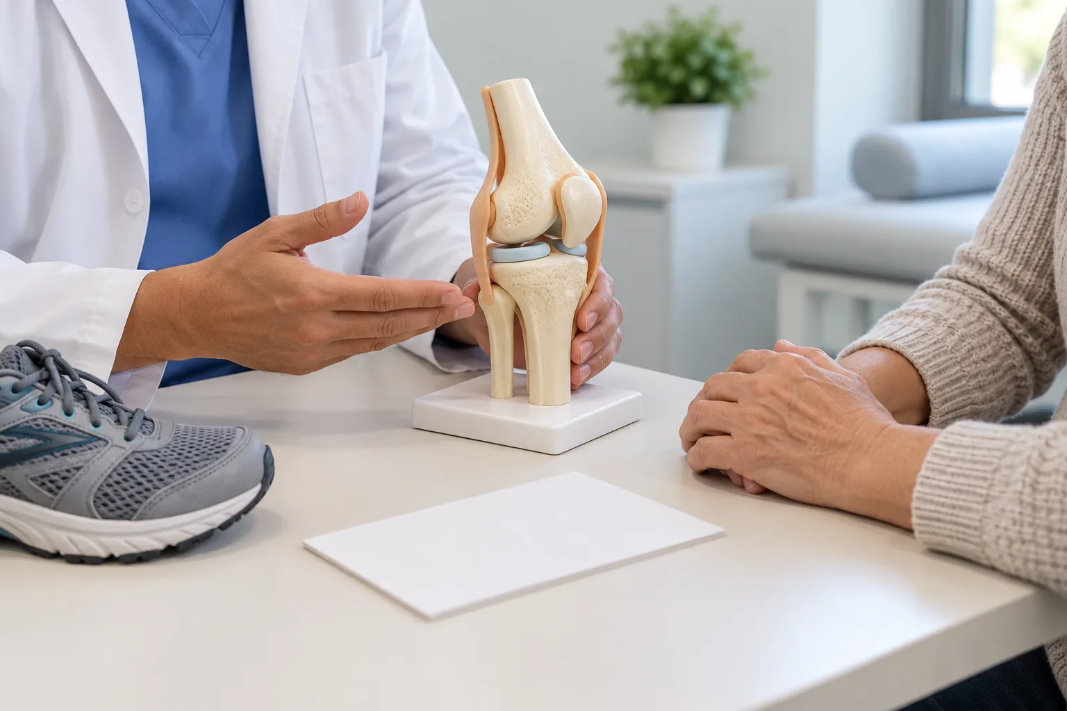 Clinician and patient hands discuss a knee model beside a walking shoe and blank note card; no procedure is shown.
