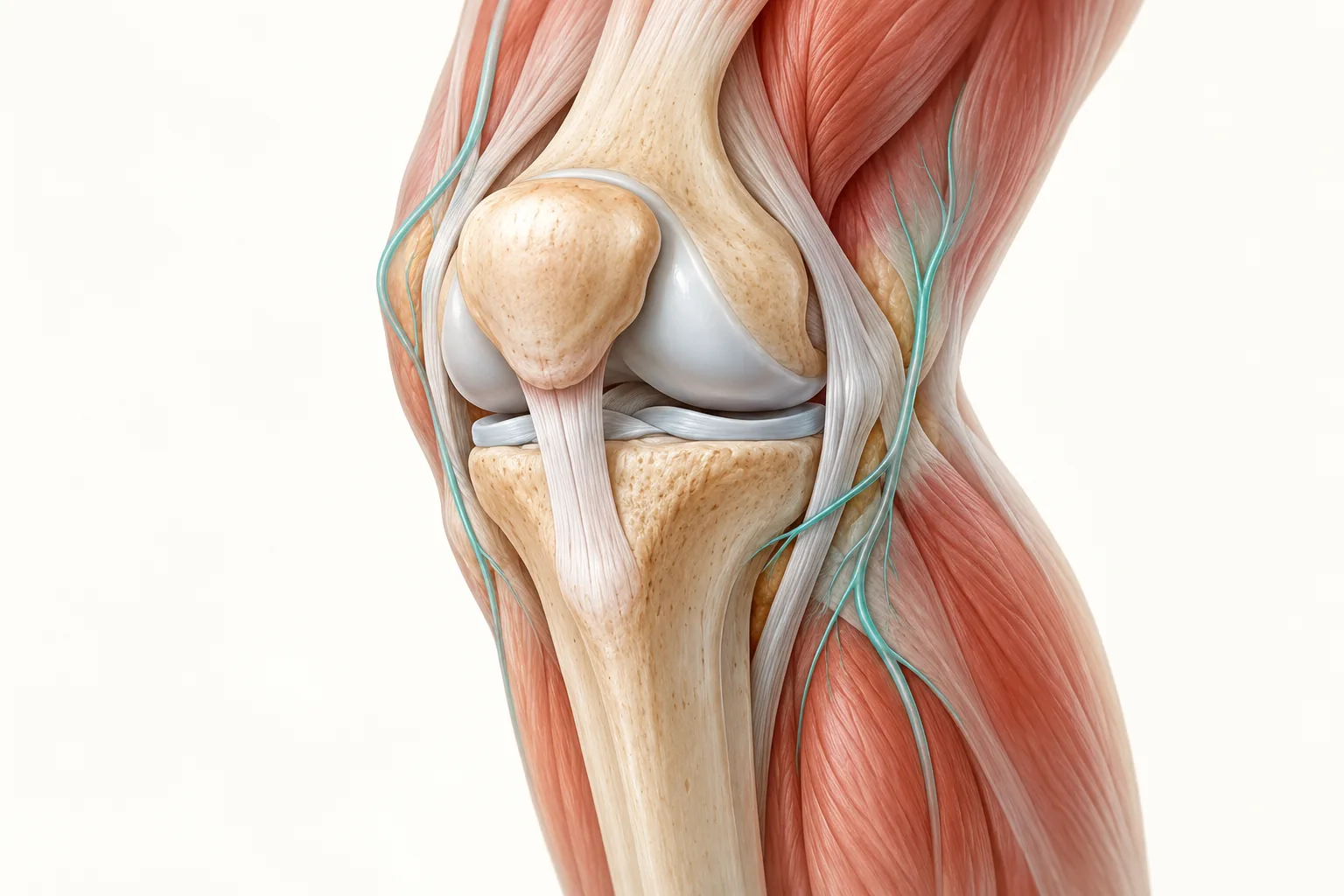 Conceptual sensory nerve paths around an intact knee; not a precise injection map.