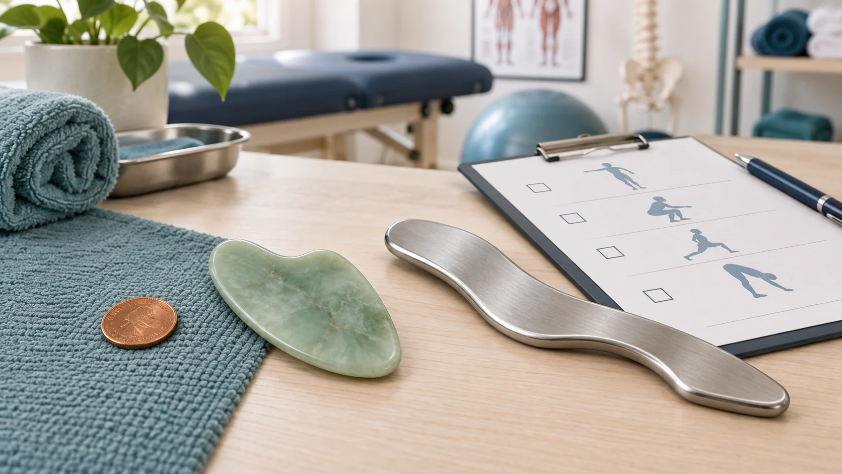 Face-free clinical illustration of a coin, gua sha tool, and clinician-guided IASTM instrument beside an assessment chart