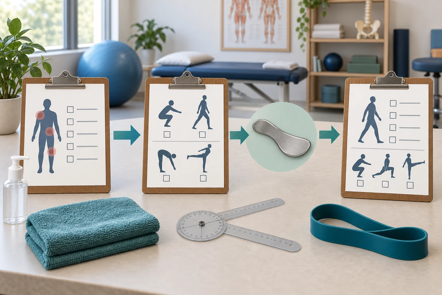 Face-free clinical workflow showing symptom screening, movement testing, IASTM consideration, and exercise reassessment