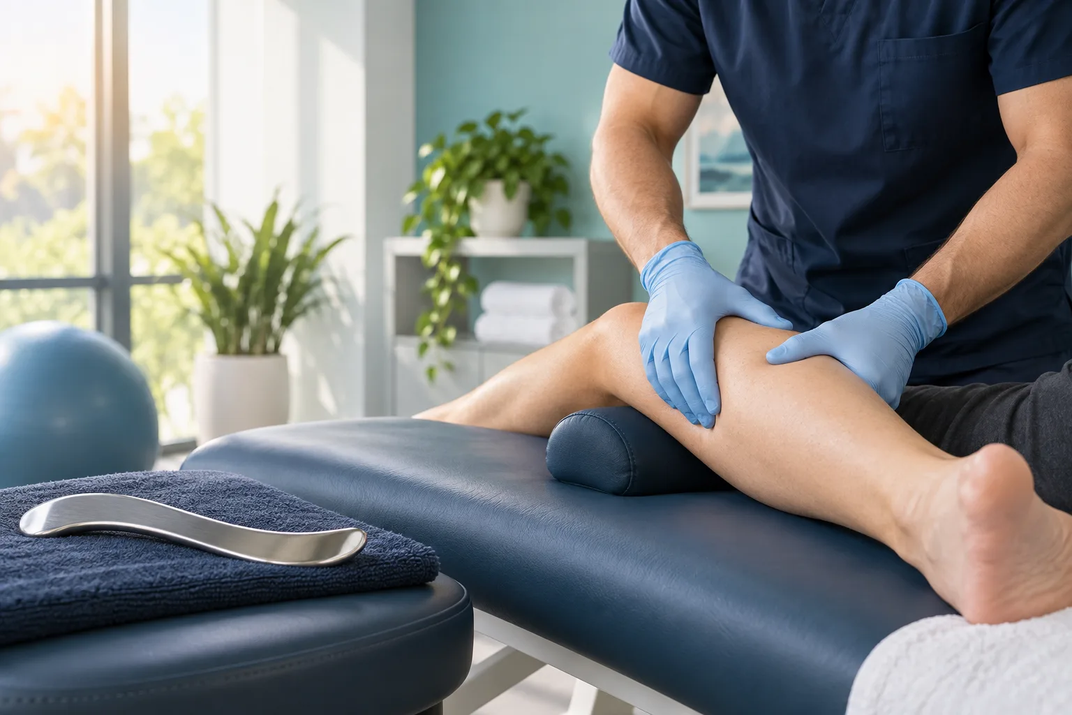 Face-free clinical scene with a stainless-steel IASTM tool beside a clinician assessing a patient’s lower leg