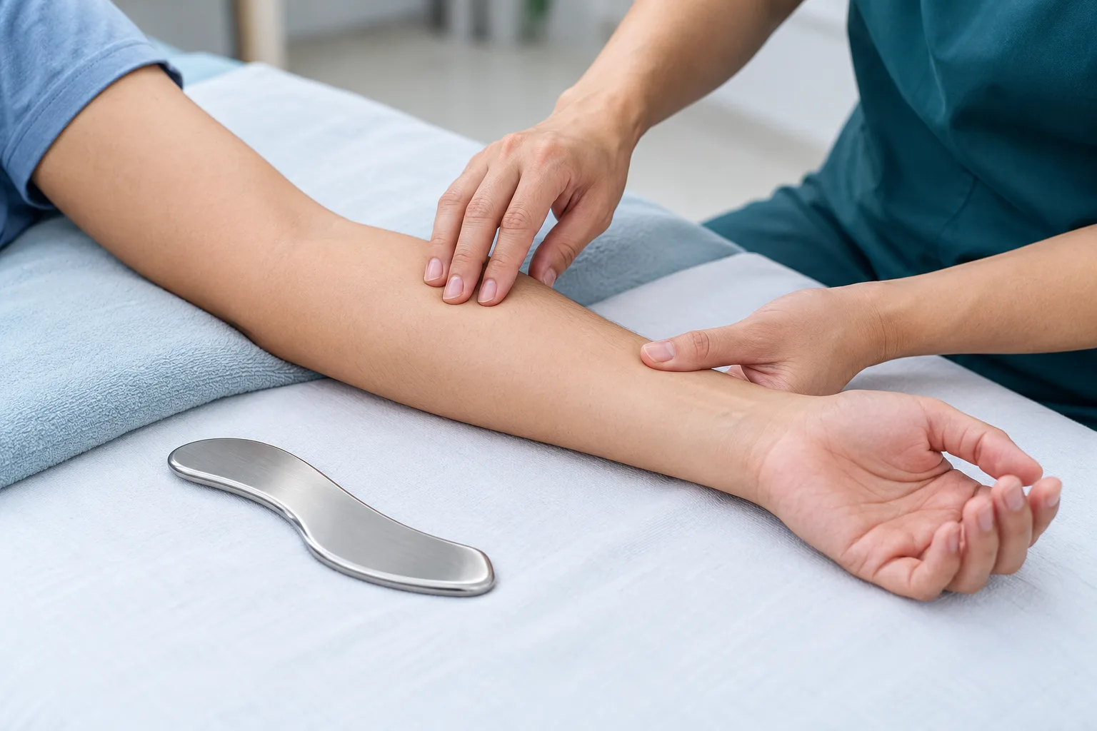 Face-free clinical assessment image with a smooth IASTM tool beside an arm