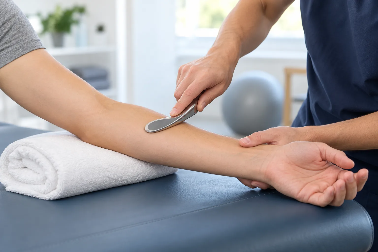 Face-free clinical image of a smooth IASTM tool gliding over intact forearm skin