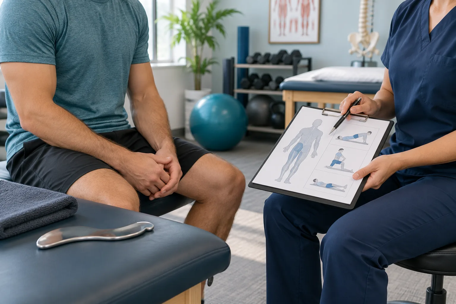 Face-free clinician and patient reviewing a rehabilitation plan beside an IASTM instrument