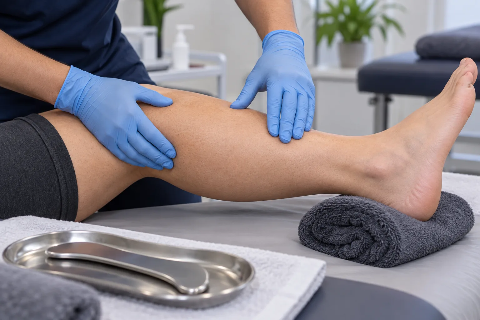 Face-free clinician screening intact lower-leg skin before possible instrument-assisted treatment