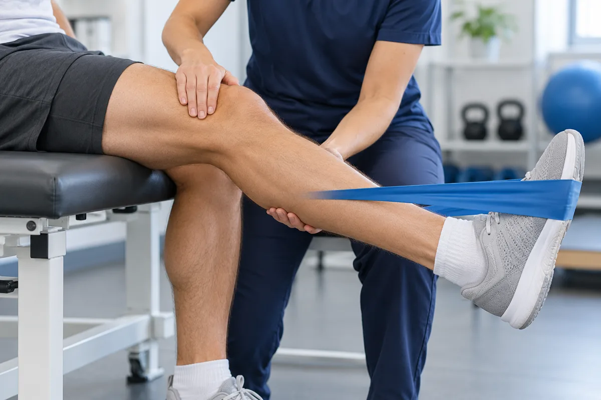 No-face rehabilitation image showing controlled resistance-band loading for a knee tendon