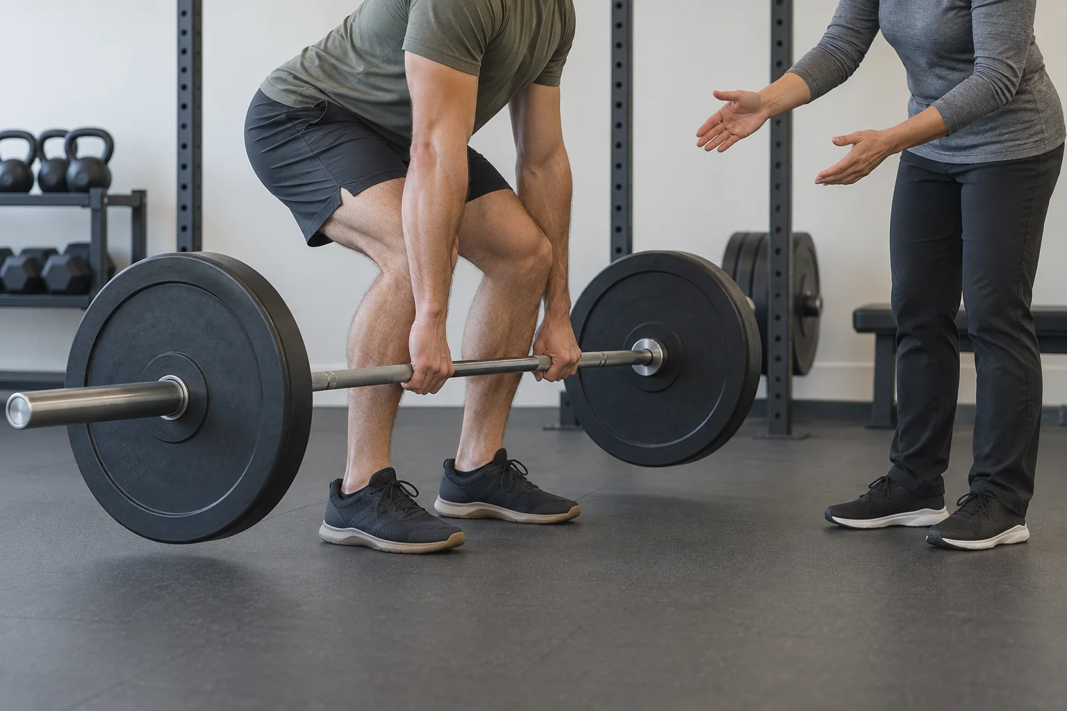 Face-free side view of a deadlift setup during a clinician-guided technique discussion