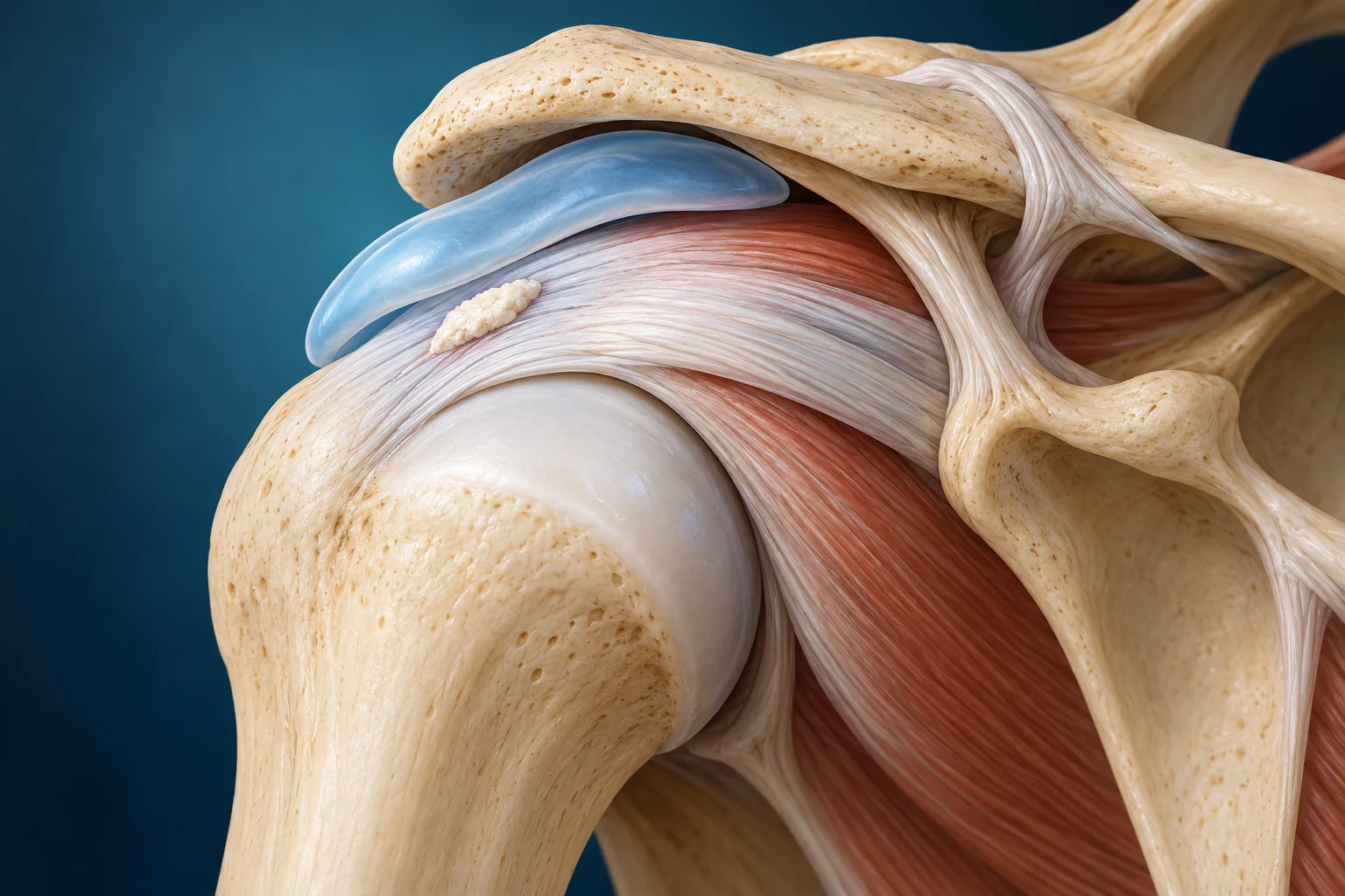 Medical illustration of a shoulder tendon with a small calcium deposit beneath the shoulder arch