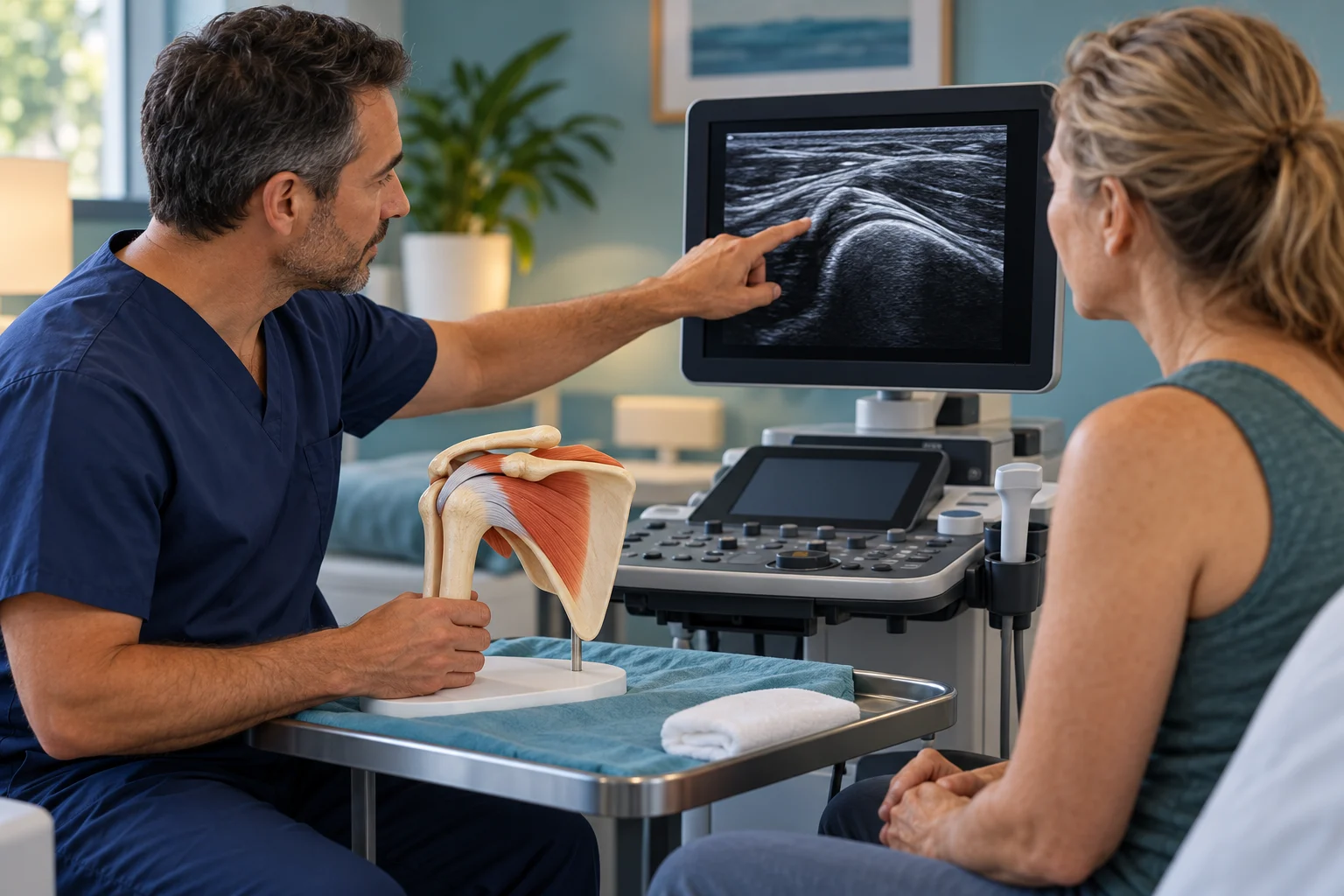 Clinician explaining an ultrasound-guided shoulder procedure and reviewing the rotator-cuff region with a patient