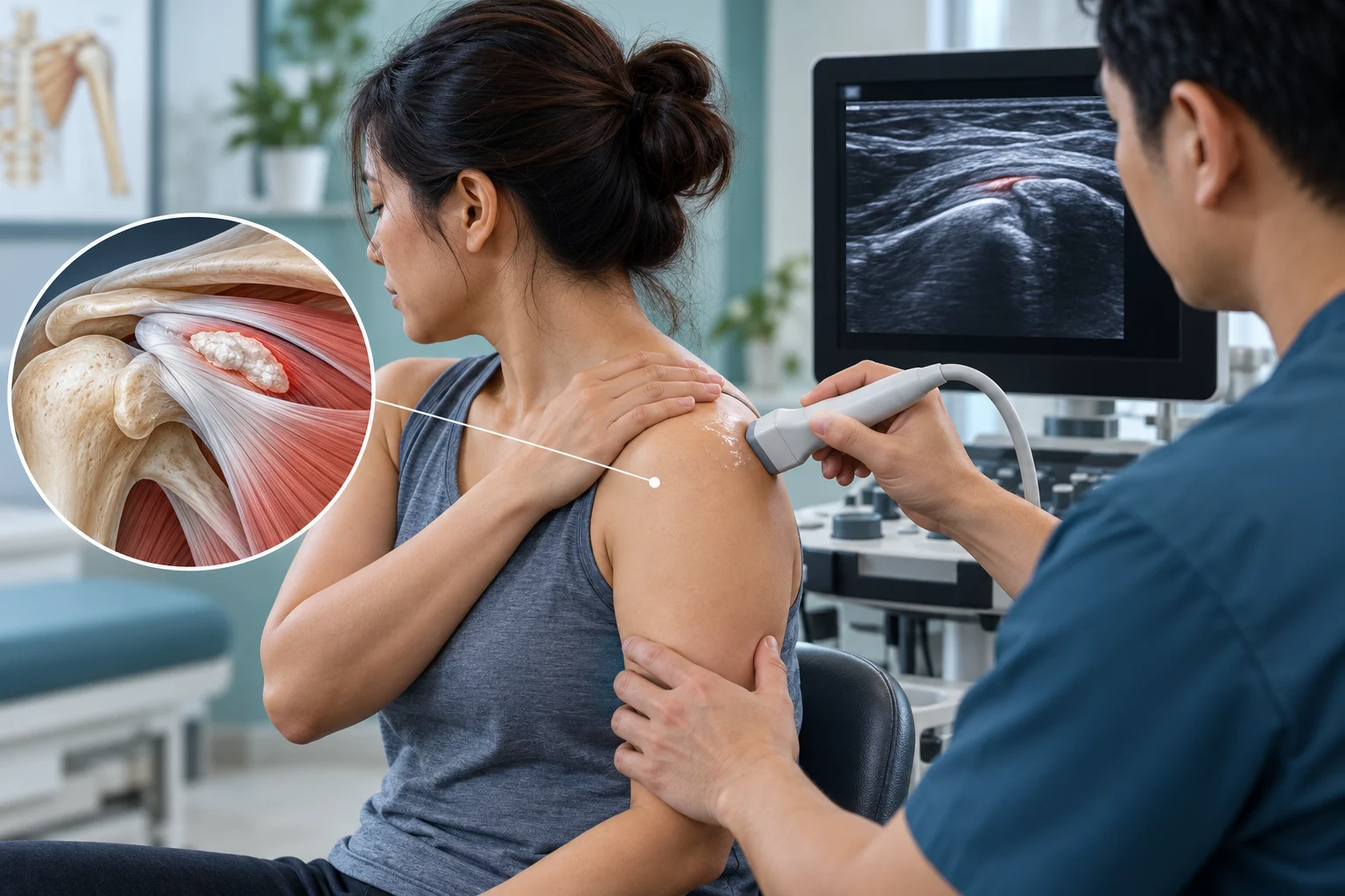 Illustrated shoulder tendon with a small calcium deposit and ultrasound probe