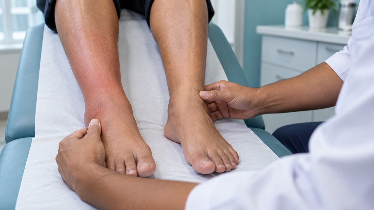 A clinician compares a patient's lower legs during an examination; one shin appears mildly swollen and diffusely red.