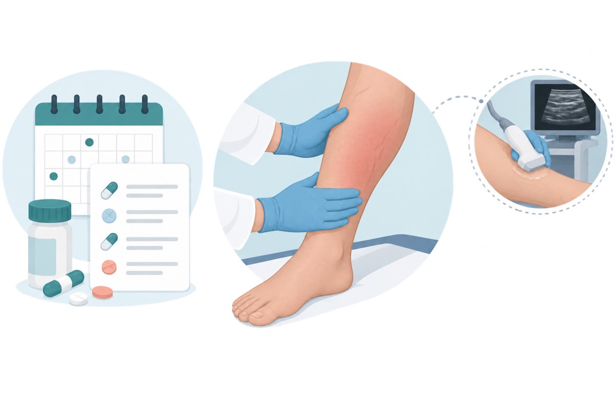 Infographic of a symptom timeline, leg exam, and possible ultrasound test.