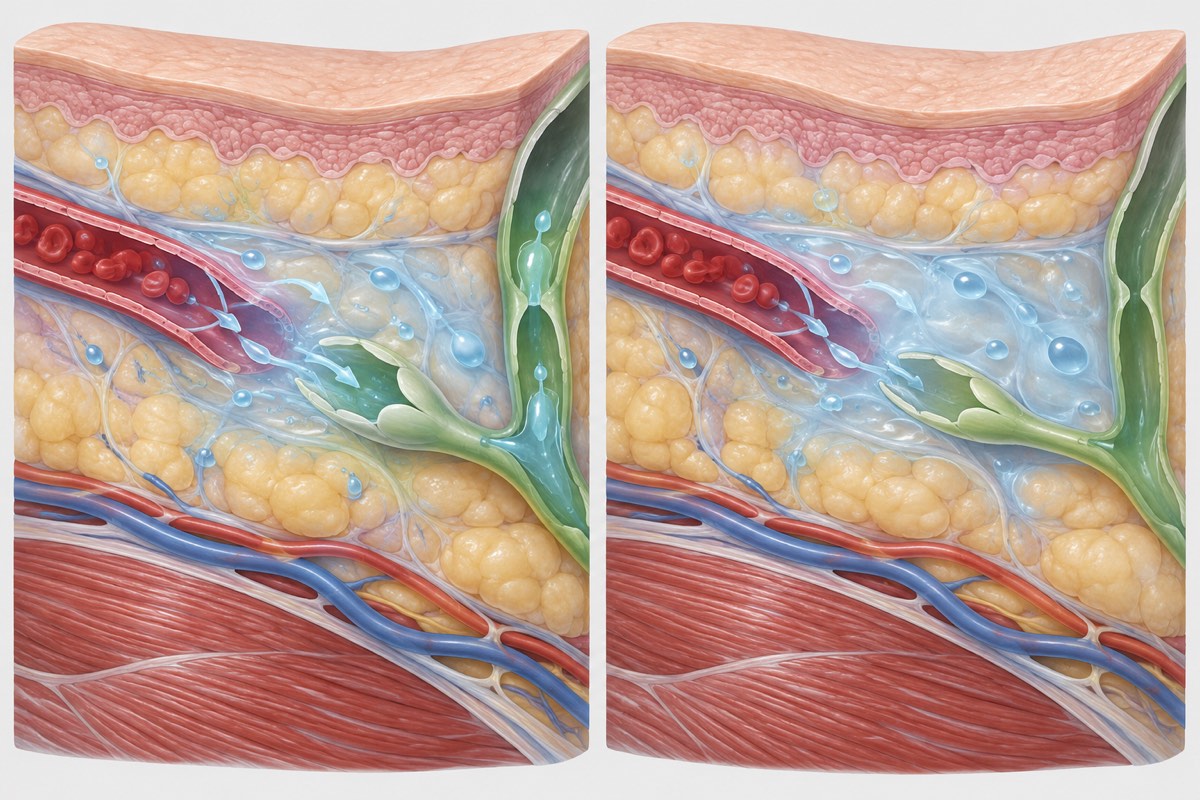 Conceptual tissue cross-sections show fluid and lymph channels.