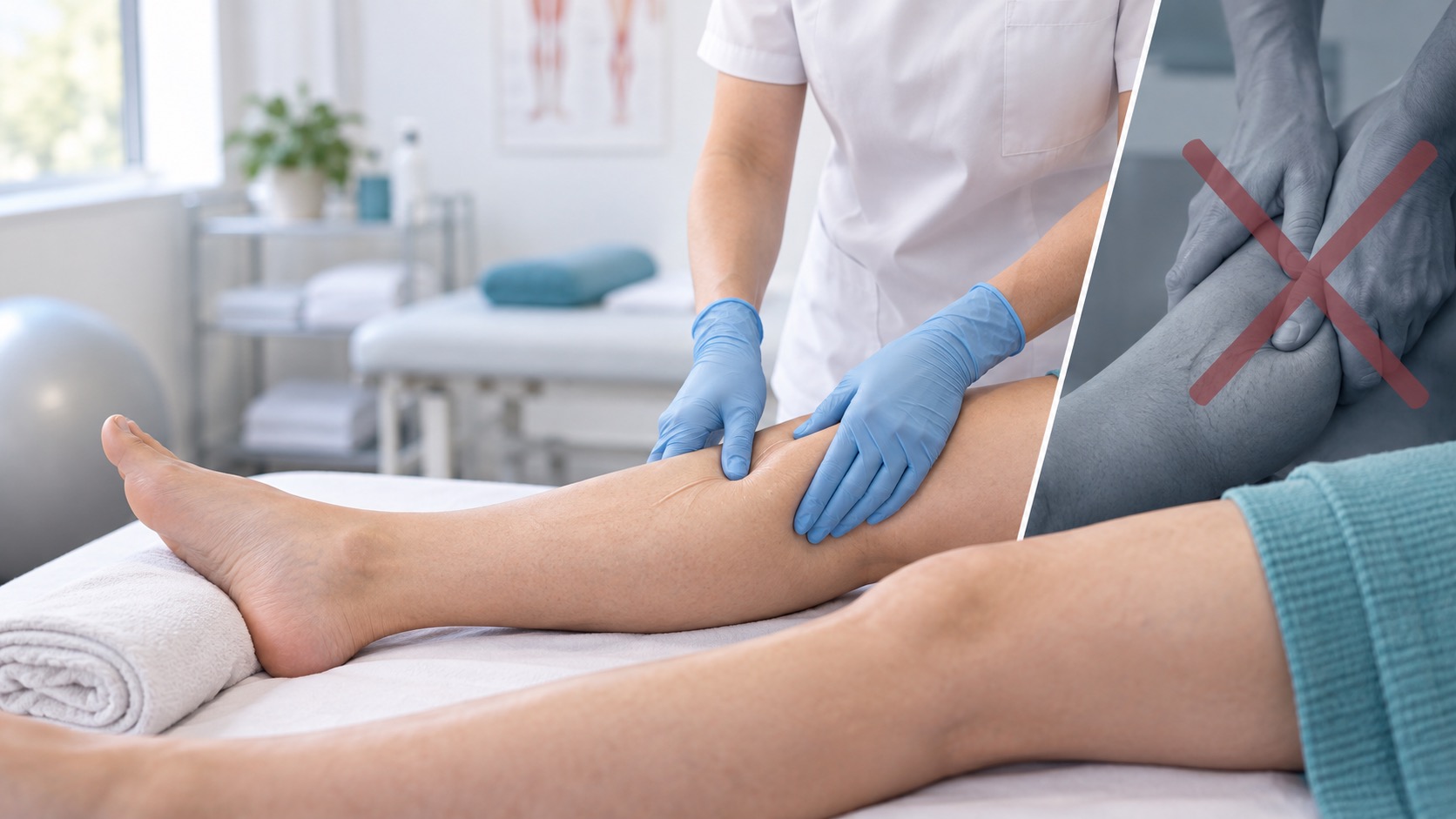 Face-free clinical illustration comparing gentle lymphatic drainage on a lower leg with crossed-out forceful massage