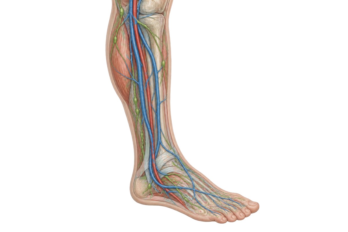 Lower-leg cutaway showing arteries, veins, and lymph vessels.