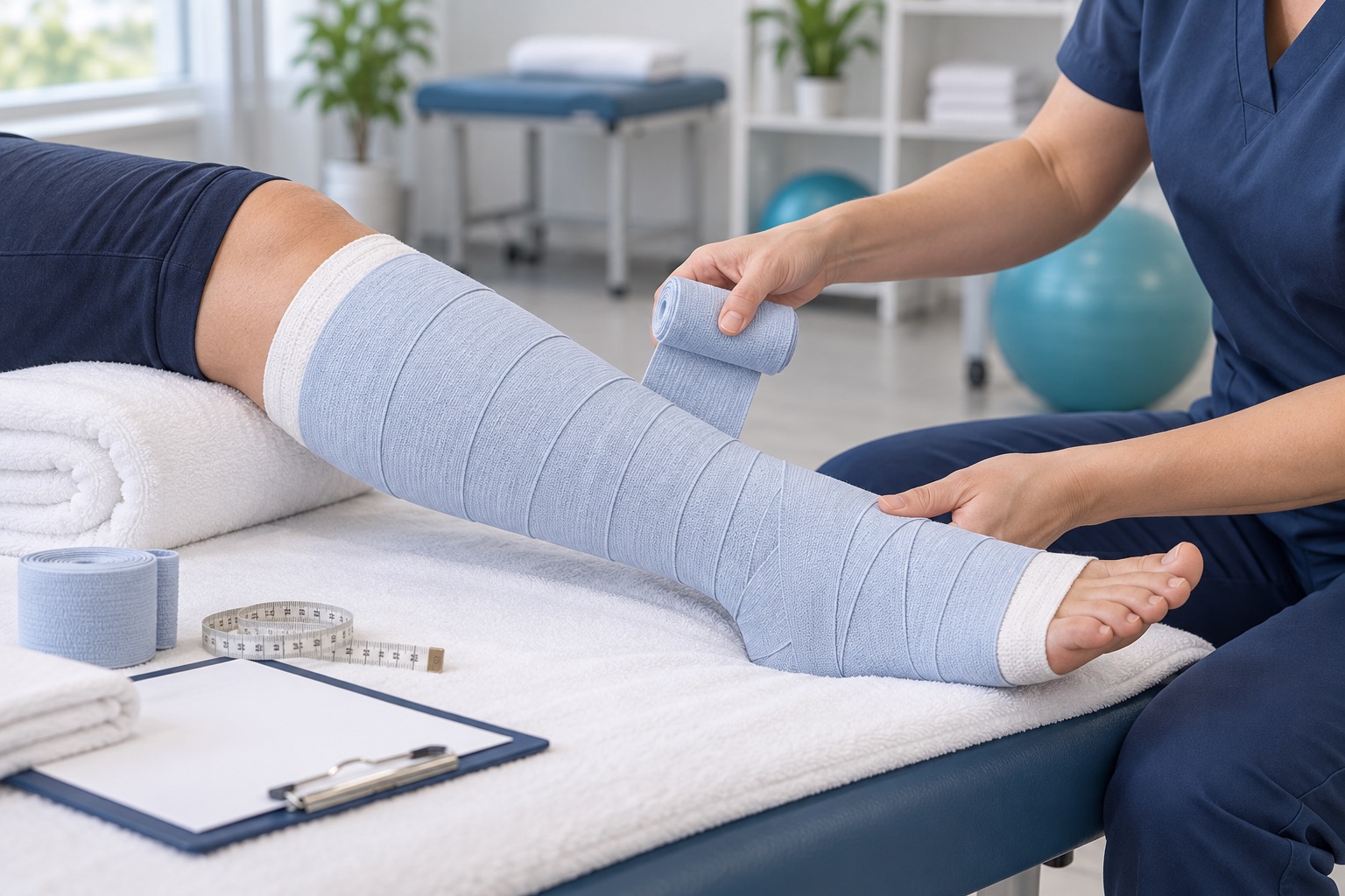 Face-free clinical illustration of lower-leg measurement and careful short-stretch compression wrapping
