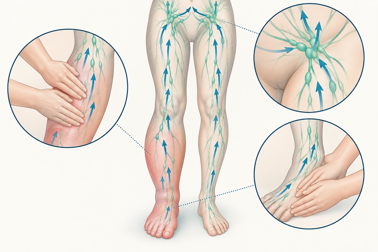 Medical illustration of lymphatic pathways and gentle hand movement along a swollen lower leg