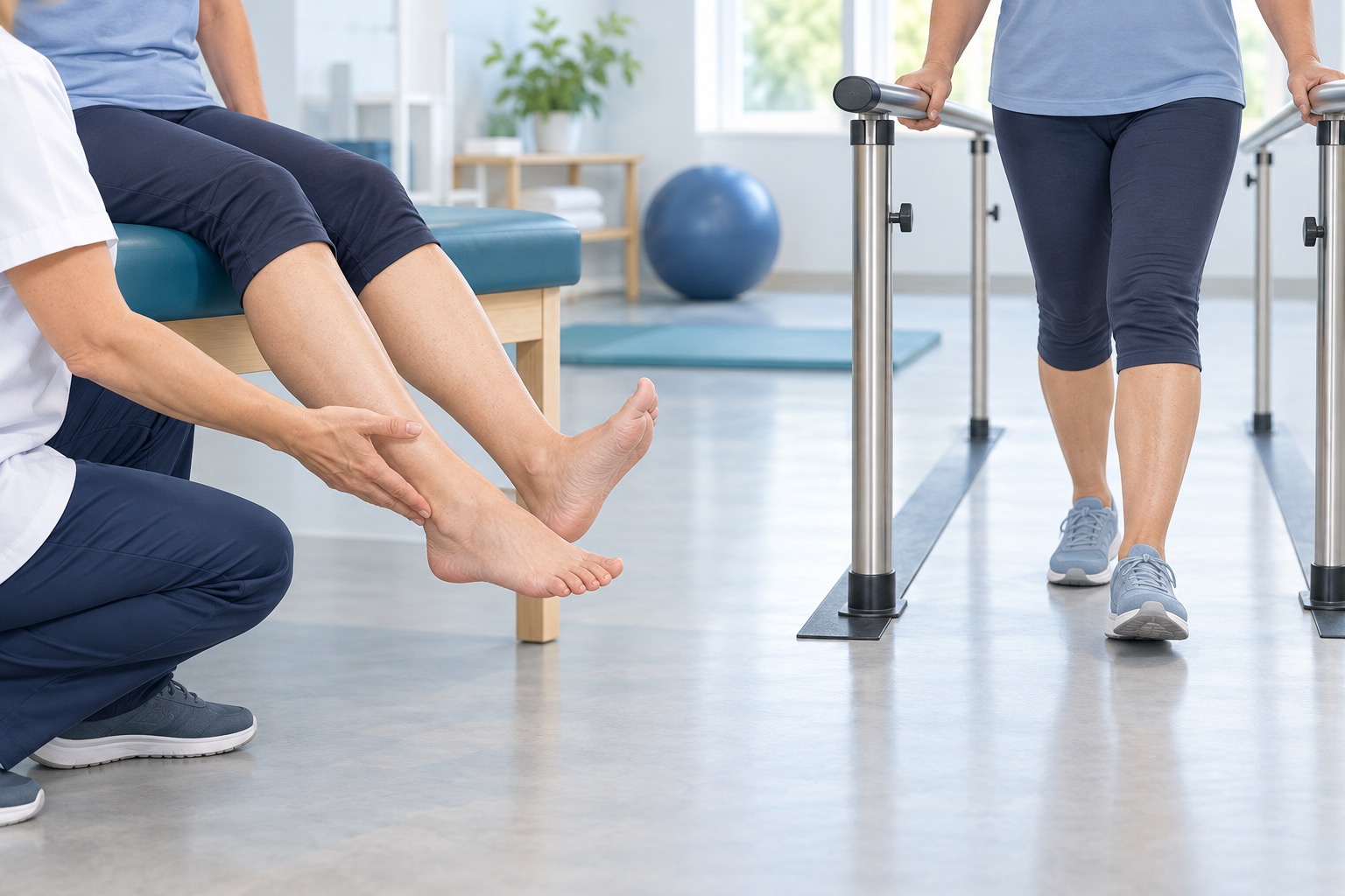 Face-free clinical illustration of gentle ankle movement and walking practice in a rehabilitation clinic