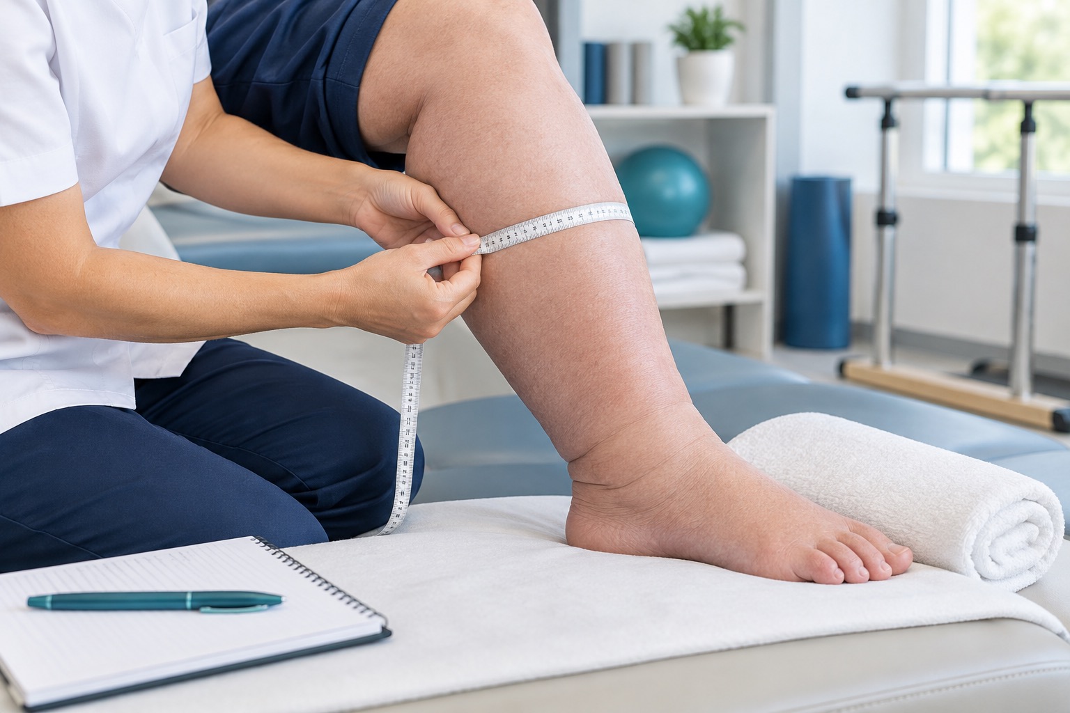 Face-free clinical illustration of a clinician measuring a lower-leg circumference during swelling assessment