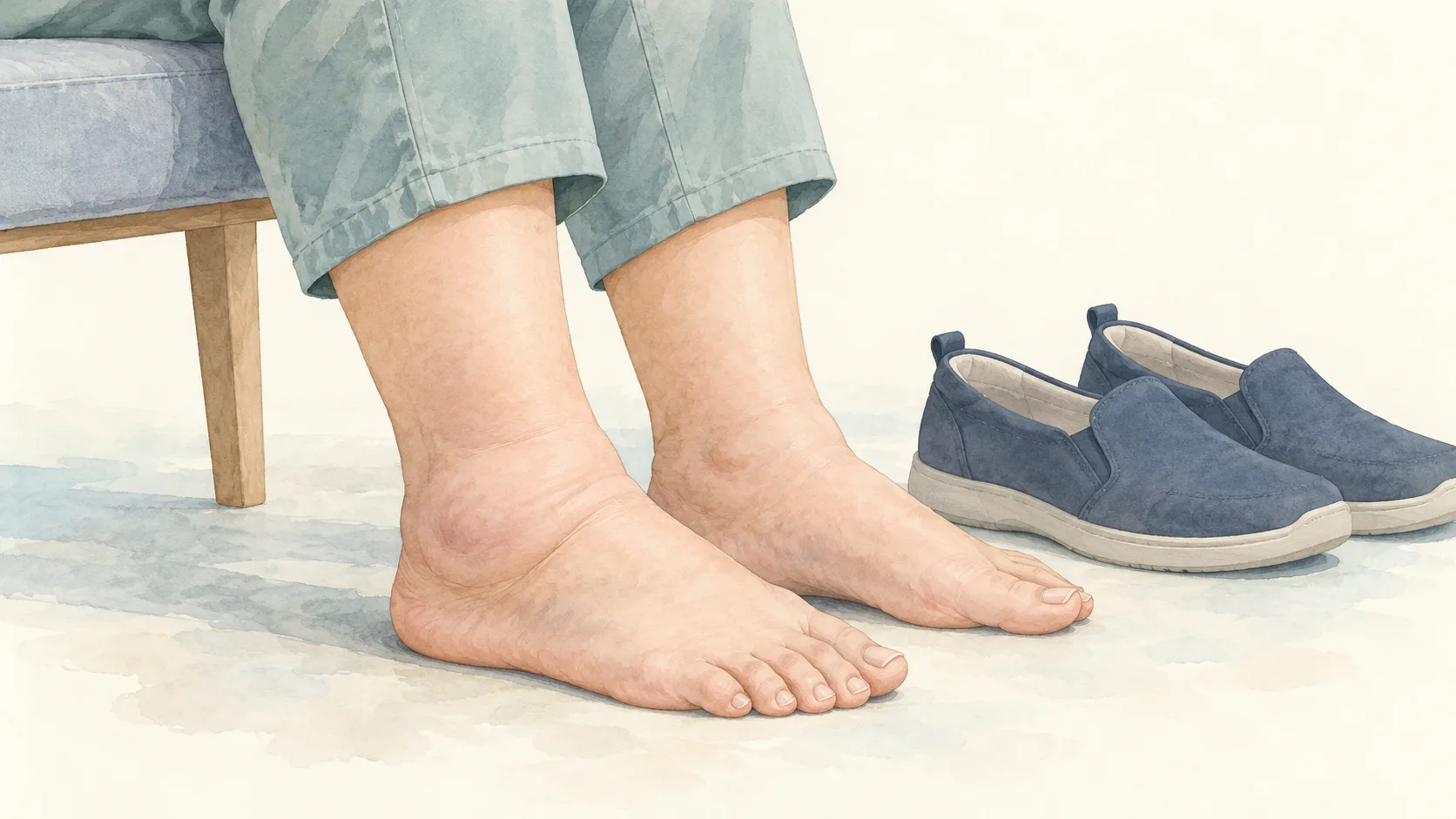 Ilustrasyon ng namamagang bukung-bukong at sapatos sa tabi ng nakaupong pasyente