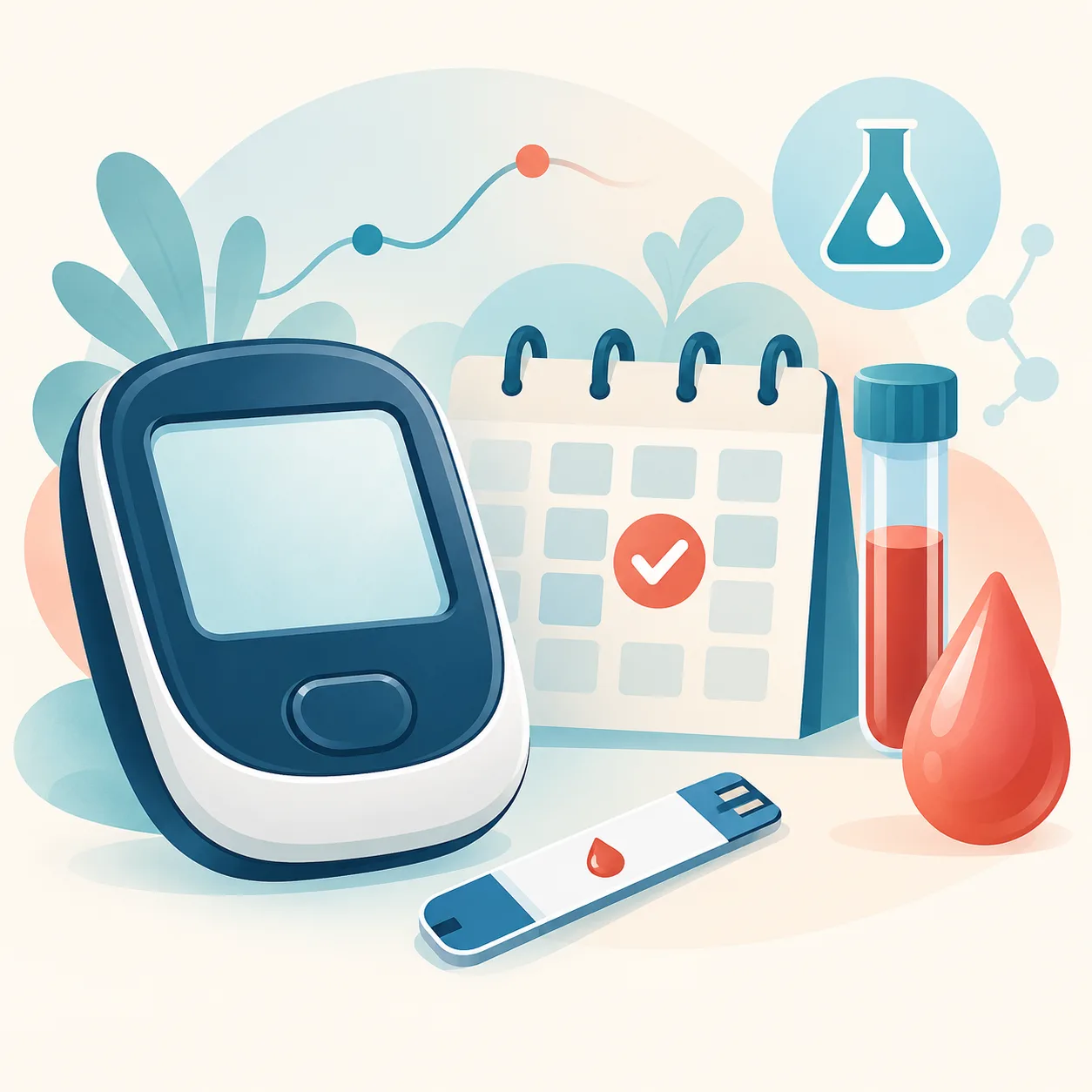 Illustration of glucose testing, a calendar, and a blood sample for planned clinical monitoring