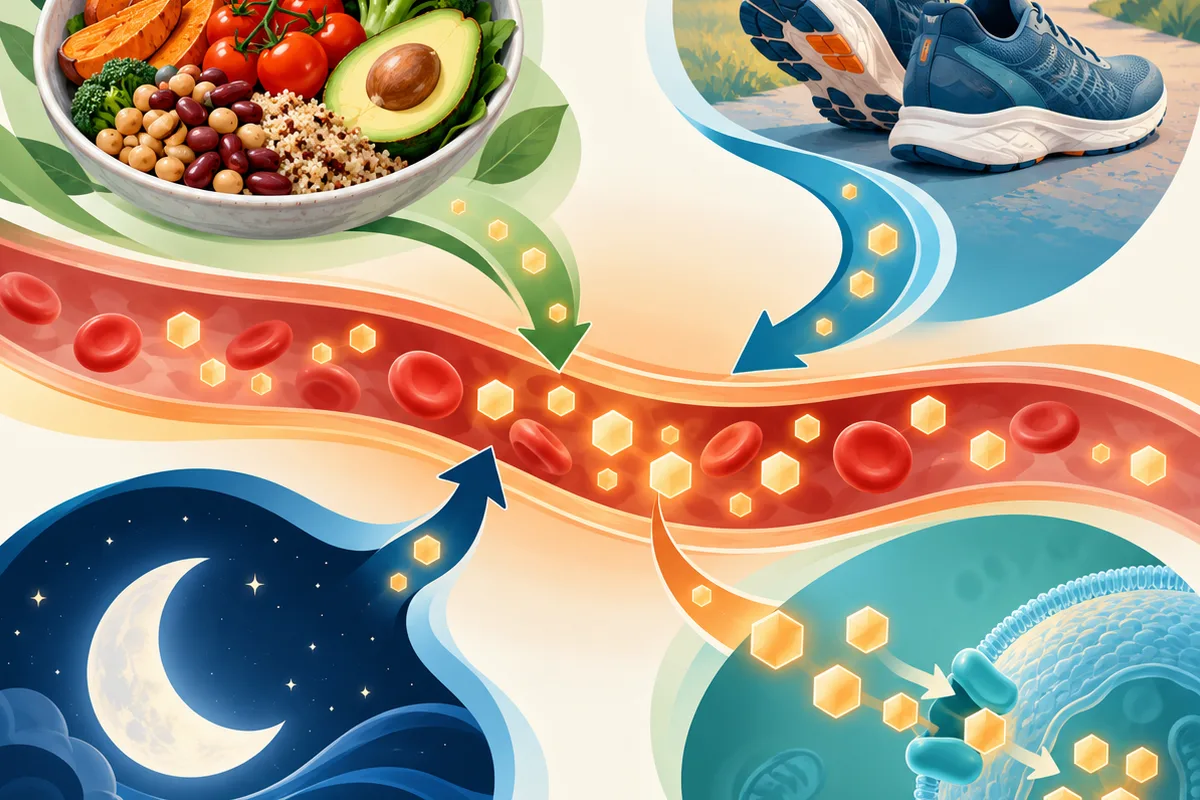 Illustration of a balanced plate, activity, sleep, and glucose pathways for metabolic health