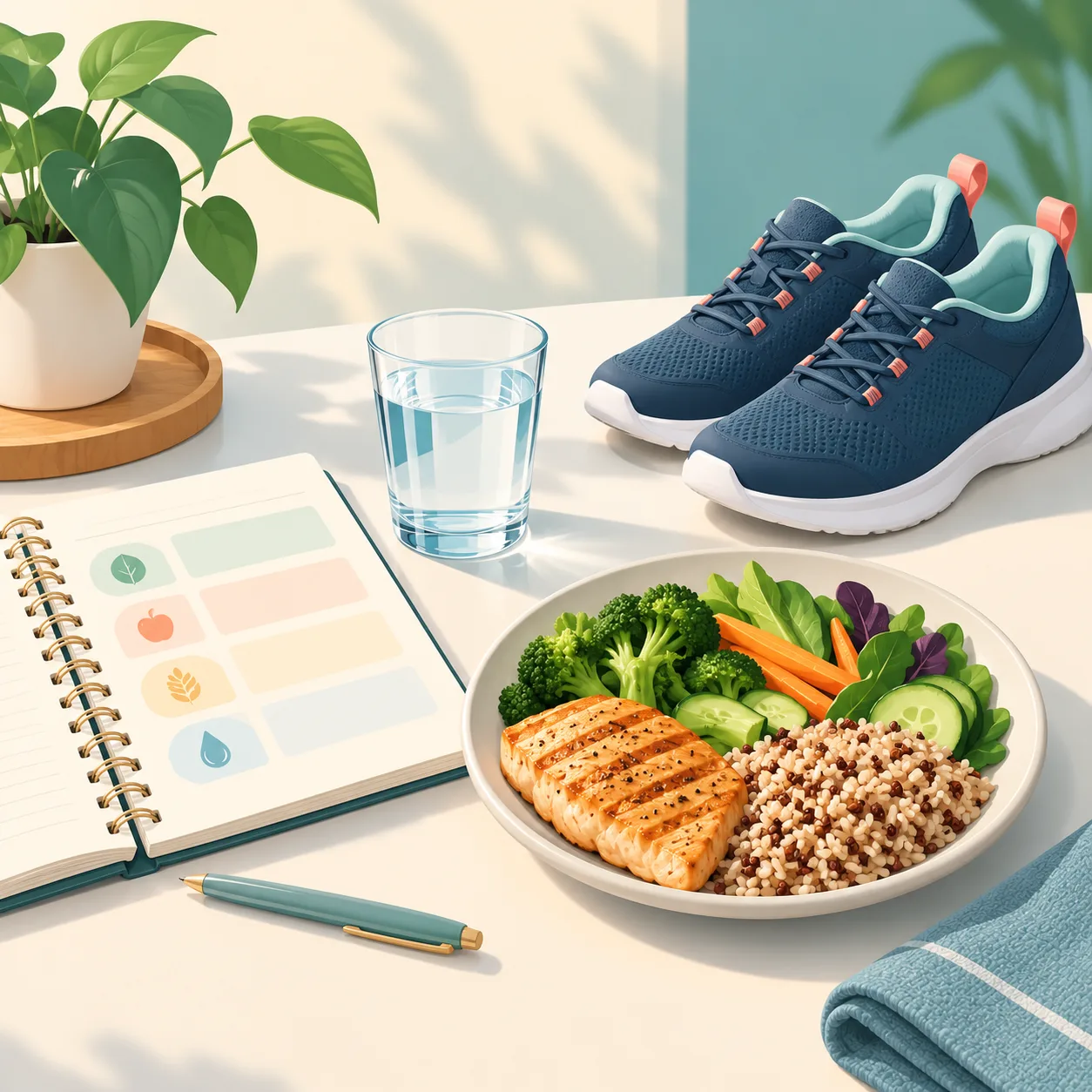 Illustration of meal planning, walking shoes, water, and a balanced plate for sustainable lifestyle changes