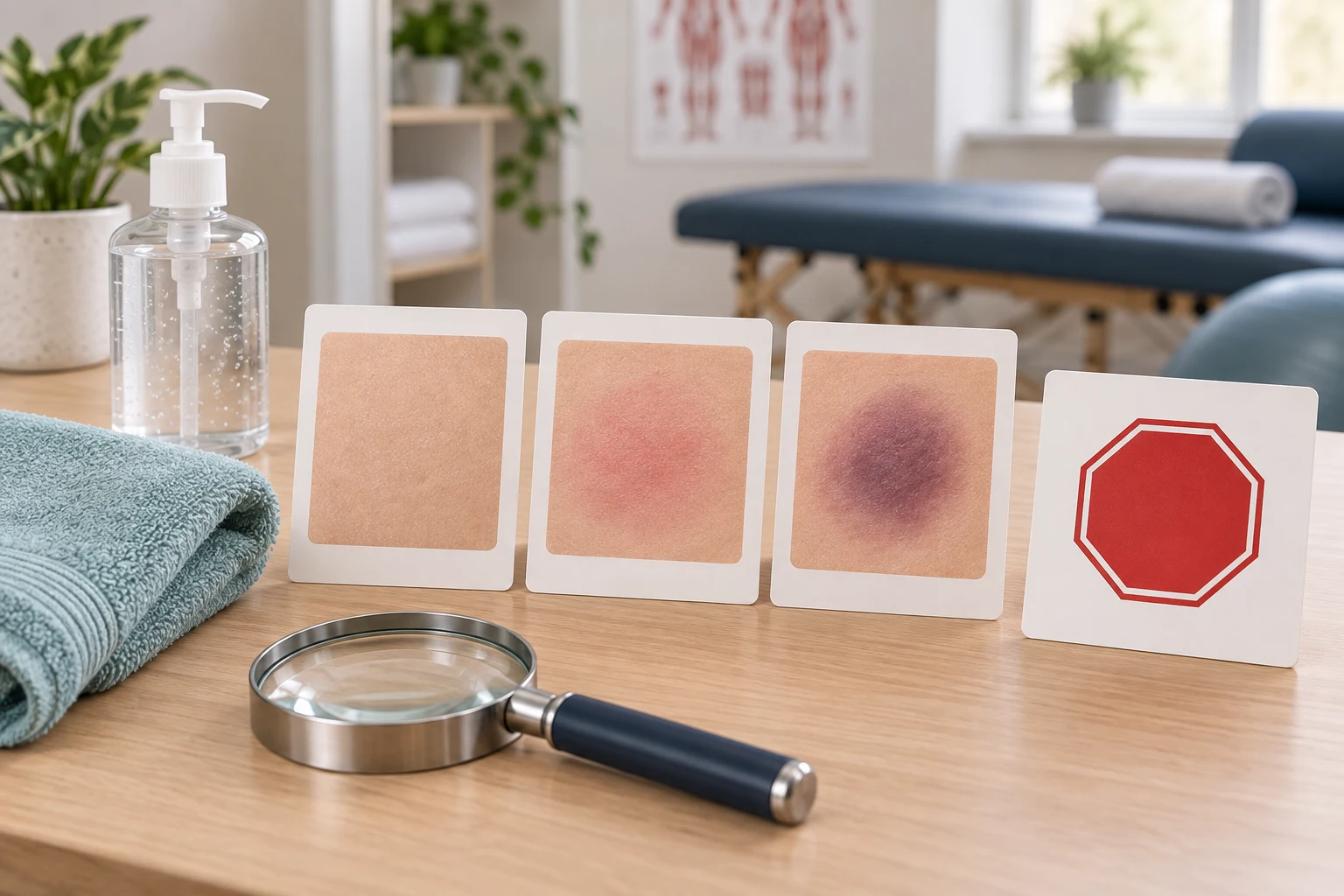 Face-free illustration comparing skin responses beside a stop symbol for pressure-based care