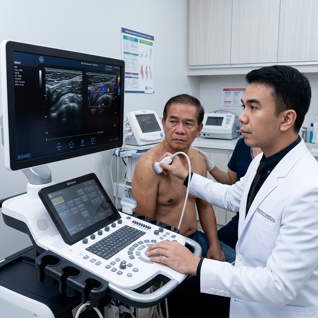 Musculoskeletal ultrasound scan on a joint performed by Dr. Ben Rabara in his Vigan pain clinic, showing the on-screen sonogram and diagnostic probe in motion.
