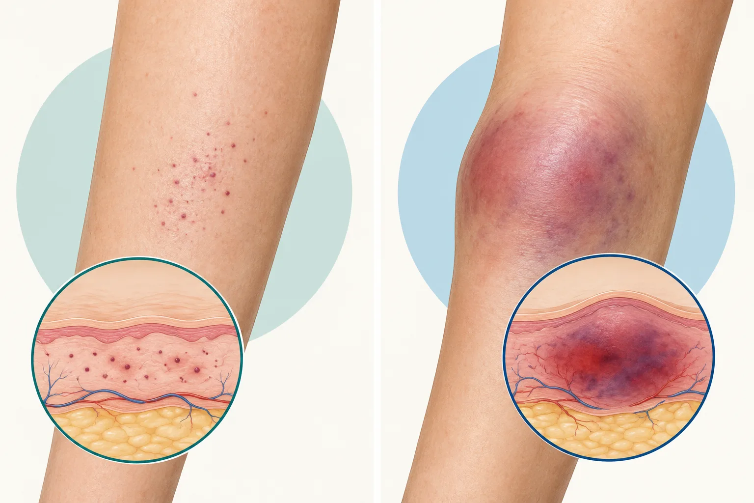 Illustration comparing localized scraping marks with an expanding swollen area that needs assessment