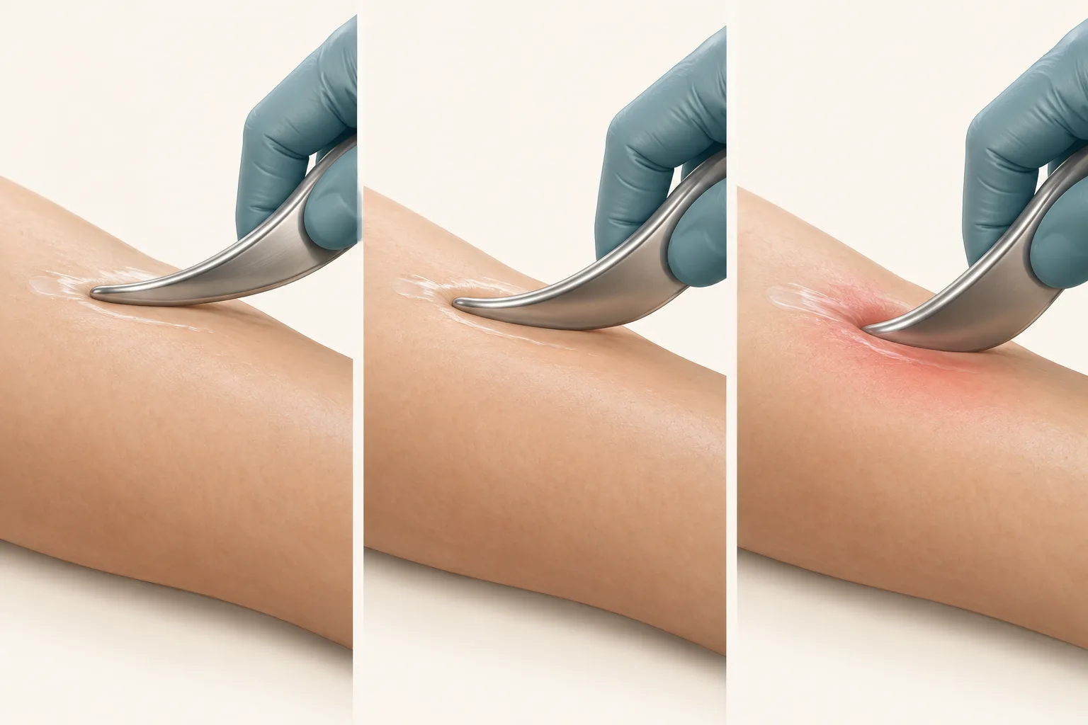 Face-free illustration showing gentle, moderate, and excessive treatment-pressure zones for supervised IASTM