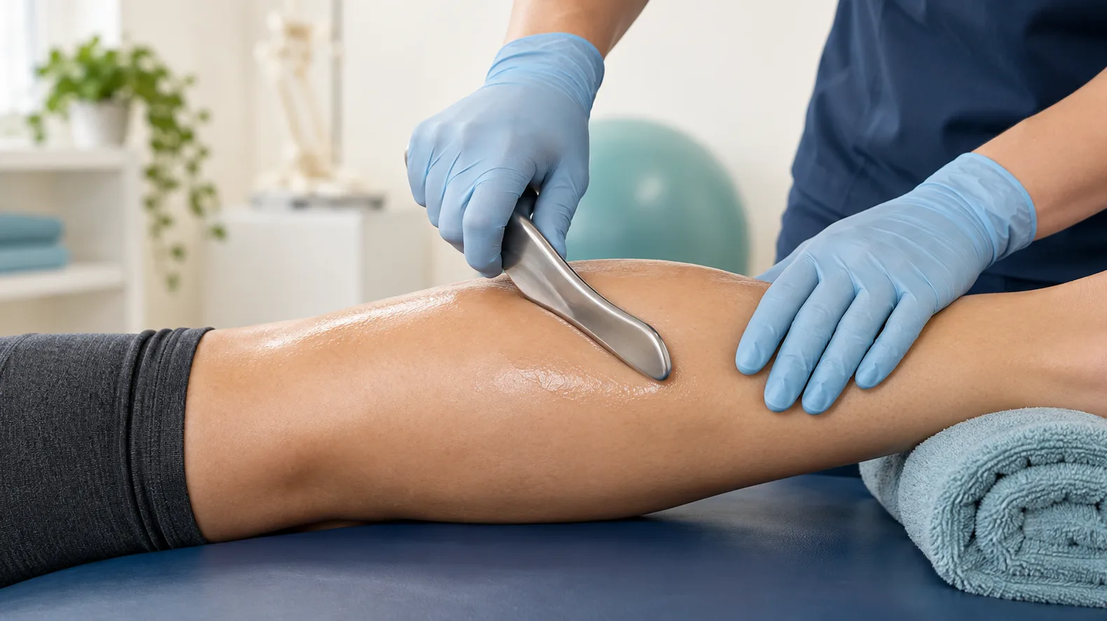 Face-free medical illustration of a smooth IASTM tool gliding across intact skin above superficial soft tissue
