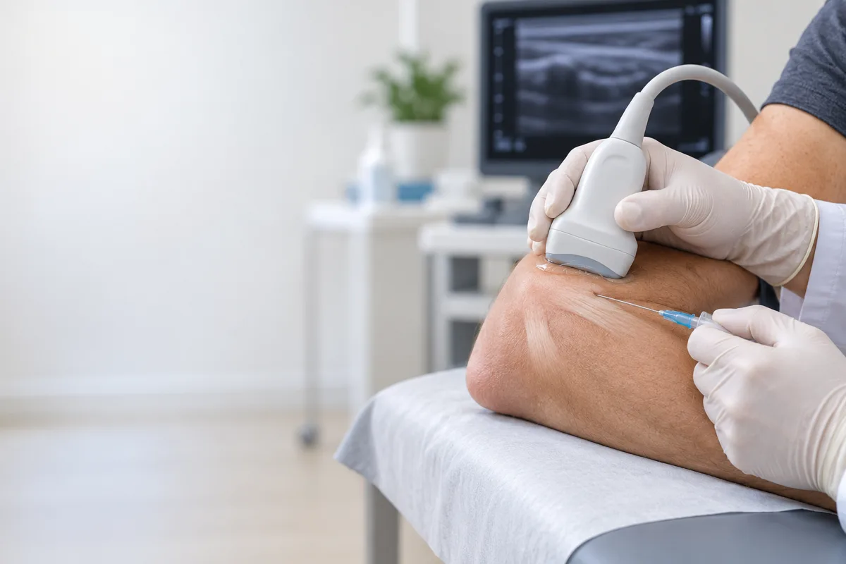 No-face clinical image of an ultrasound probe and needle near an elbow tendon