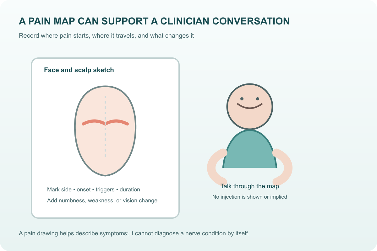 Patient and clinician reviewing a face and scalp pain map before discussing treatment