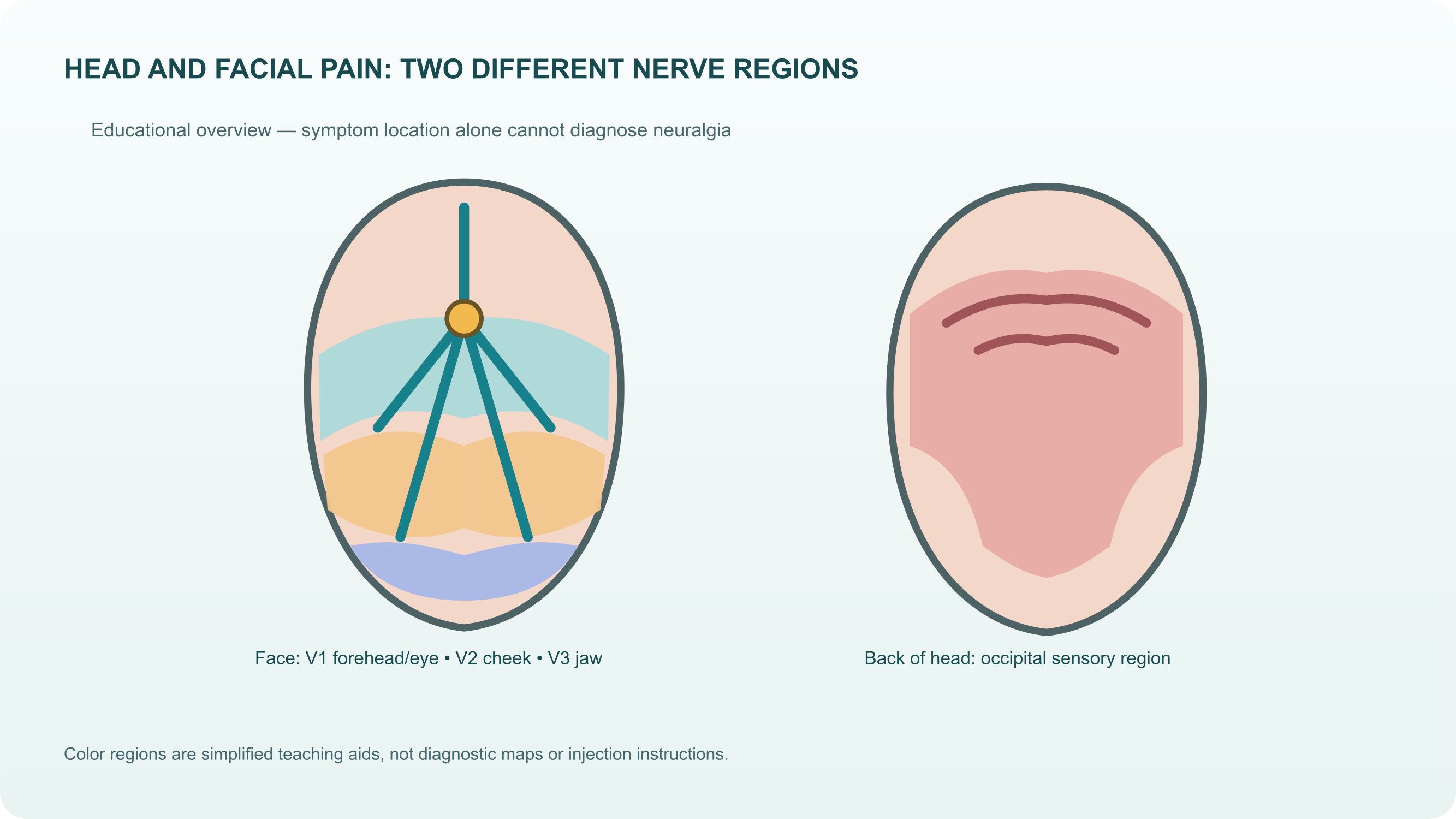 Illustration comparing simplified trigeminal facial regions and occipital scalp territory