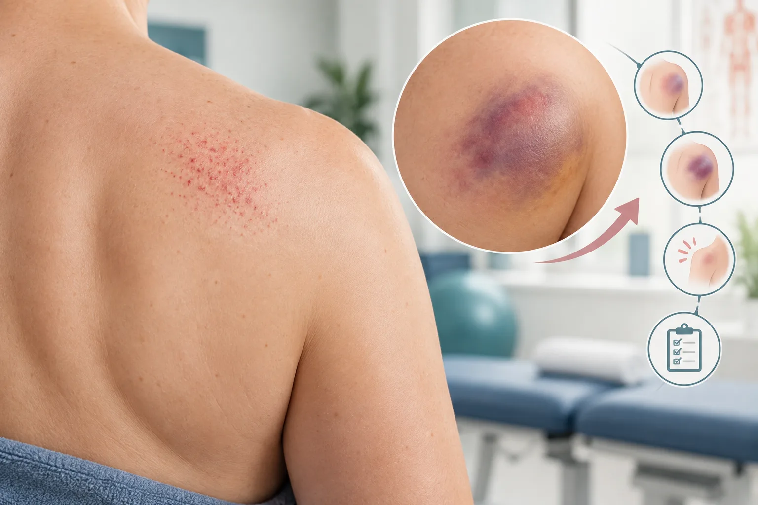 Face-free clinical illustration of localized red scraping marks beside a symptom-monitoring checklist