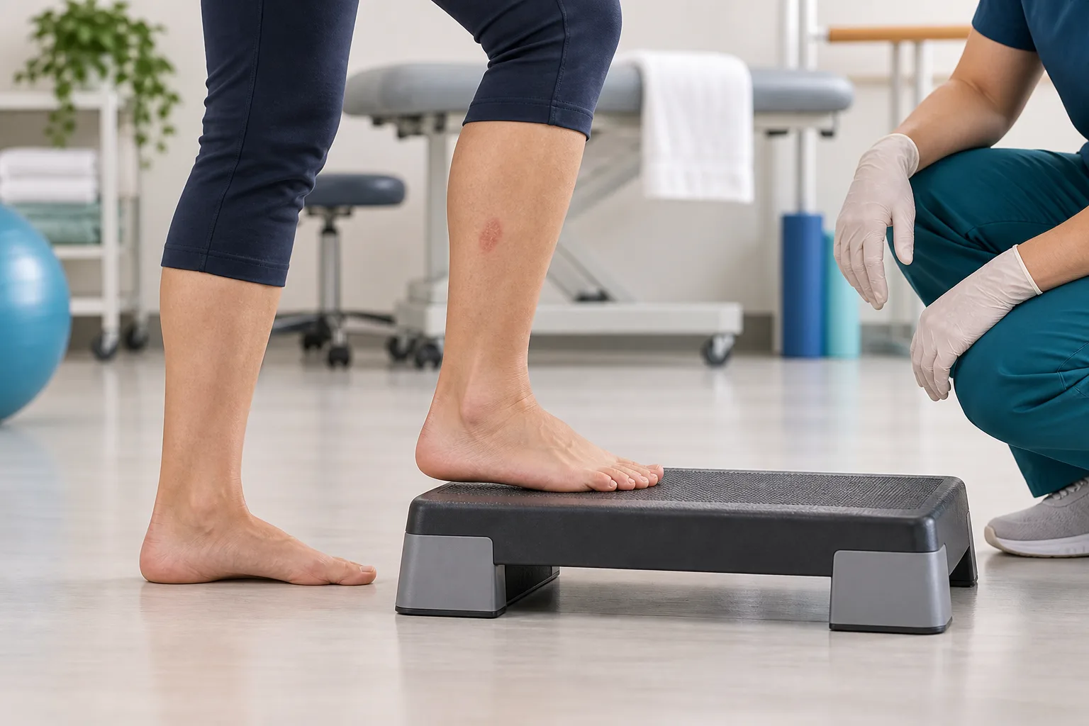 Face-free lower-leg step with clinician observing a localized skin mark