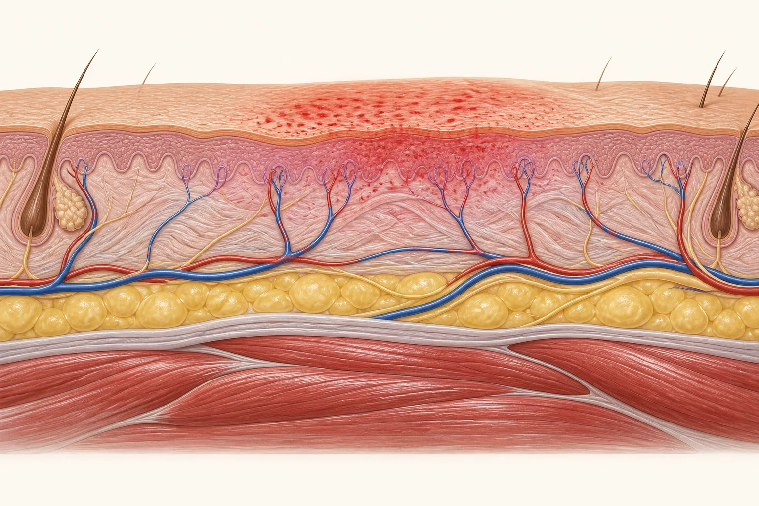 Anatomical cutaway of skin layers and superficial vessels above deeper muscle