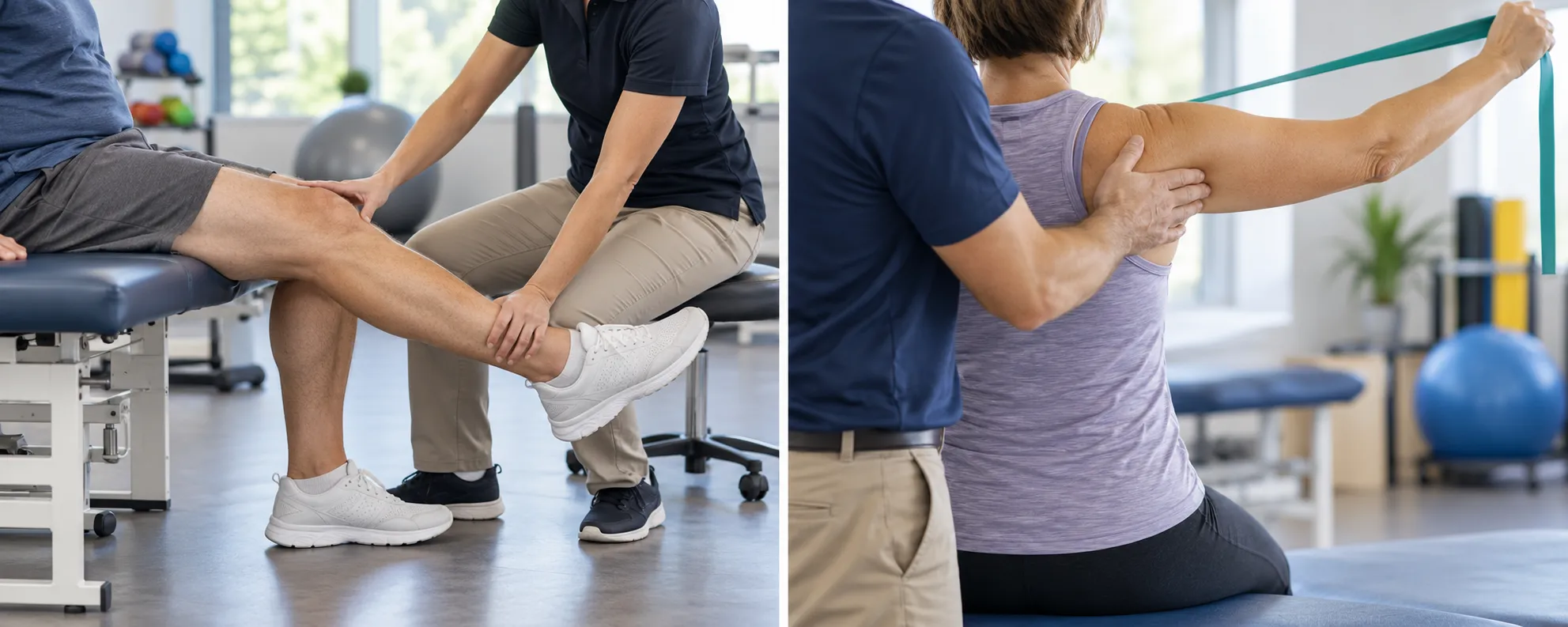 Split illustration of knee and shoulder rehabilitation exercises after orthopedic surgery.